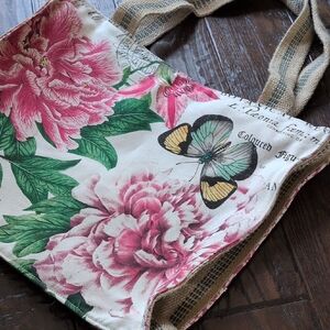 MICHEL DESIGN WORKS I Fabric Floral Butterfly Canvas Tote Bag w/ Burlap Handles